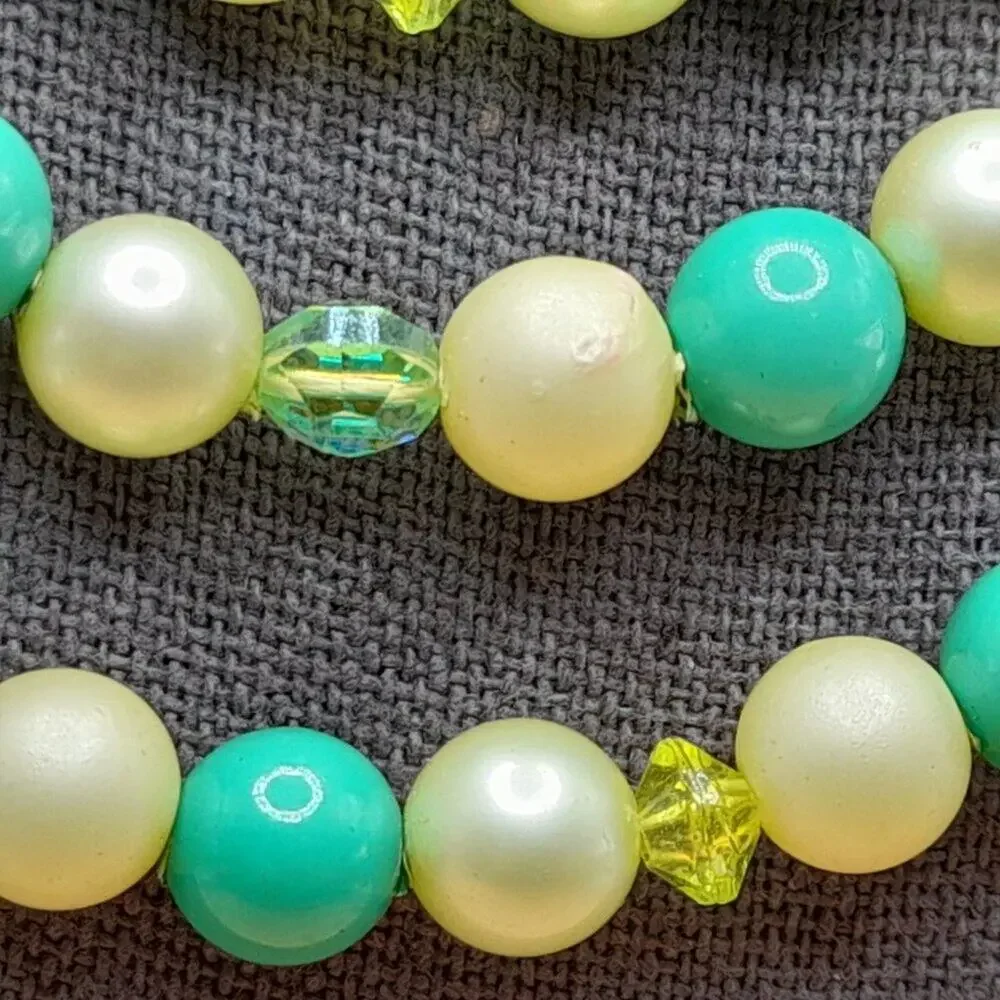 Vintage Green White Bead Necklace, Four Strands, AB Crystal Aspirin Beads, 16 In